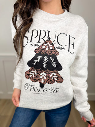 Spruce Things Up Cotton Blend Long Sleeve Grey Avery Mae Graphic Crewneck Sweatshirt