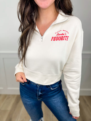 Santa's Favorite Cotton Blend Long Sleeve Cream Avery Mae Cropped Graphic Half Zip Sweatshirt