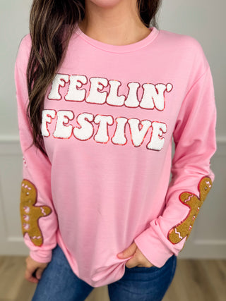 Feelin' Festive Cotton Blend Long Sleeve Pink Avery Mae Graphic Top