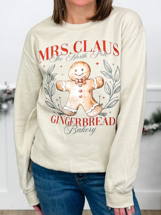 Mrs. Claus Bakery Cotton Blend Long Sleeve Sand Avery Mae Graphic Crewneck Sweatshirt