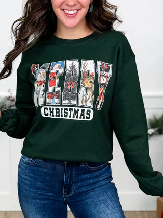 Merry Nostalgia Cotton Blend Long Sleeve Green Avery Mae Graphic Crewneck Sweatshirt