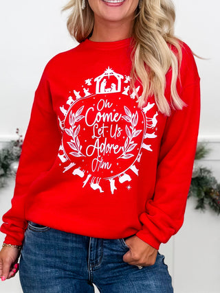 Let Us Adore Him Cotton Blend Long Sleeve Red Avery Mae Graphic Crewneck Sweatshirt