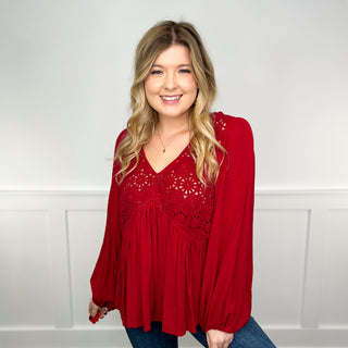 Waiting Around For You Rayon Long Sleeve Red Avery Mae Top