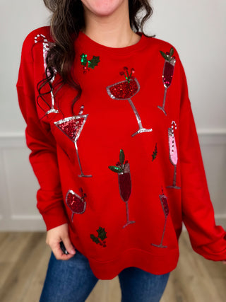 Sip & Sparkle Cotton Blend Long Sleeve Red Avery Mae Sweatshirt
