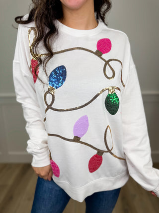 Light Up the Night Cotton Blend Long Sleeve White Avery Mae Crewneck Sweatshirt