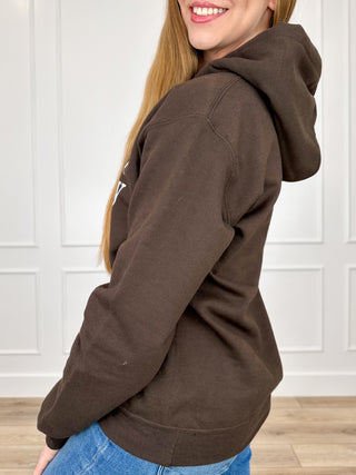 Brown pullover hoodie with hood, front pocket, and side view long sleeves