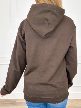 Brown hoodie back view with hood and long sleeves, kangaroo pocket