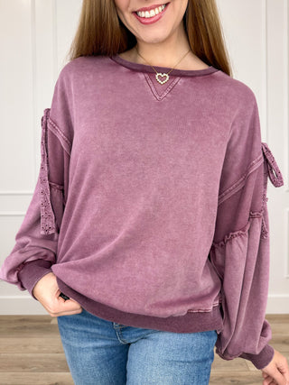 Cotton blend long sleeve top with crew neck, mauve-purple, tiered ruffle sleeves