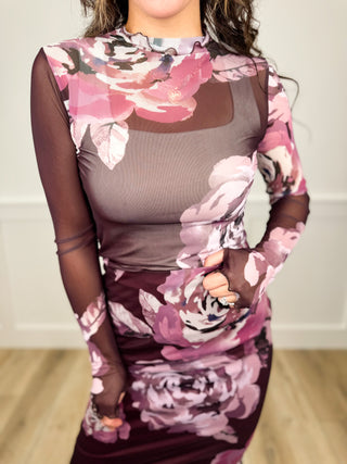 Sew In Love Caught Staring Sheer Mesh Long Sleeve Plum Top