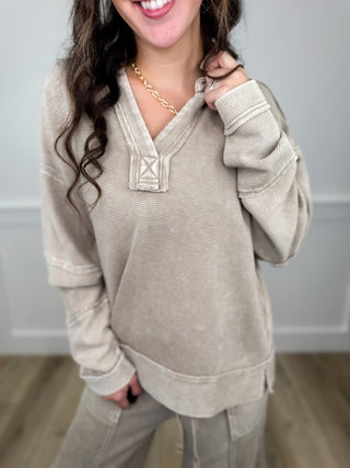 Easel Say Less Cotton Blend Long Sleeve Taupe Top