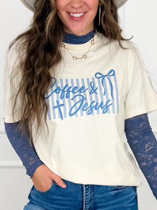 Coffee & Jesus Cotton Short Sleeve Cream Avery Mae Graphic Tee Shirt (Comfort Colors)