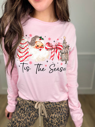 Tis the Season Cotton Long Sleeve Pink Avery Mae Graphic Tee Shirt