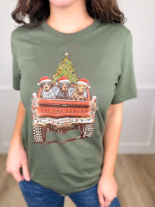 A Pawsitively Merry Ride Cotton Short Sleeve Green Avery Mae Graphic Tee Shirt