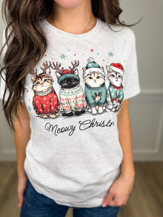 Meowy Christmas Cotton Short Sleeve Grey Avery Mae Graphic Tee Shirt