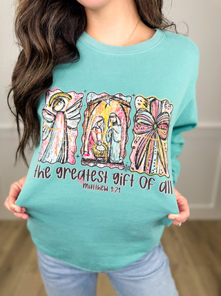 Greatest Gift Cotton Blend Long Sleeve Turquoise Avery Mae Graphic Crewneck Sweatshirt