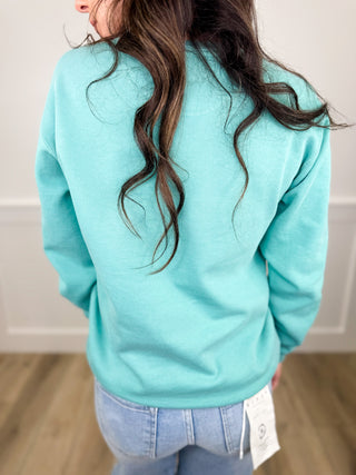 Greatest Gift Cotton Blend Long Sleeve Turquoise Avery Mae Graphic Crewneck Sweatshirt