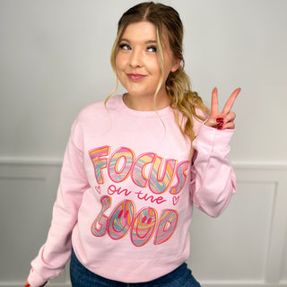 Groovy Focus on the Good Cotton Blend Long Sleeve Pink Avery Mae Graphic Crewneck Sweatshirt