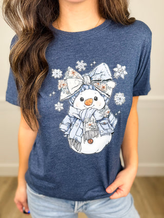Bow Sweet Snowman Cotton Blend Short Sleeve Blue Avery Mae Graphic Tee Shirt