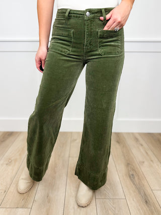 Risen Cassandra High Rise Wide Leg Moss Cropped Corduroy Bottoms