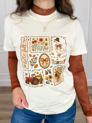 Cream cotton short-sleeve tee with detailed fall floral and truck graphic