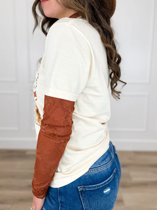 Cream cotton short-sleeve graphic tee, side view, round neckline