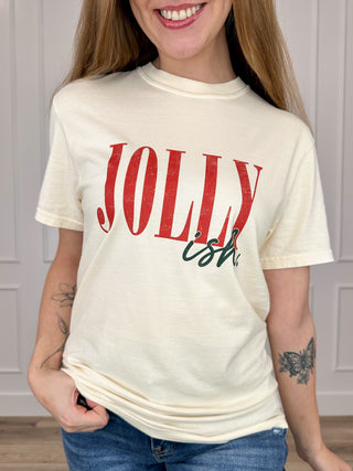 Cream short-sleeve graphic cotton tee with red 'JOLLY' and 'ish' text