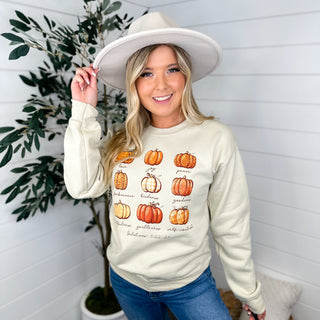 Showing Some Pumpkin Spirit Cotton Blend Long Sleeve Beige Avery Mae Graphic Crewneck Sweatshirt