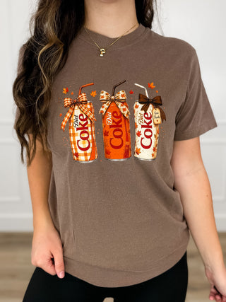 Brown short-sleeve cotton graphic T-shirt with plaid-bow Coke bottle chest print