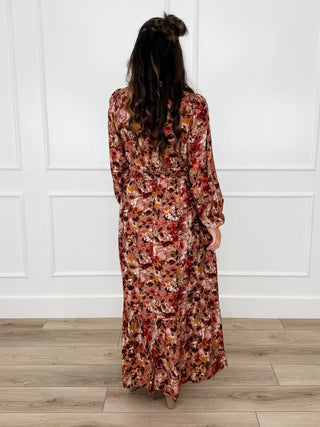 Rayon blend maxi dress, latte brown floral print, long sleeves, back view