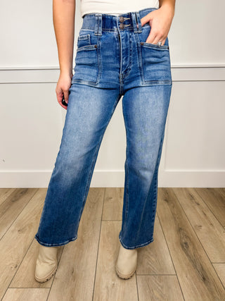 Sutton Tummy Control High Rise Double Button Straight Leg Medium Wash Avery Mae Blue Jeans