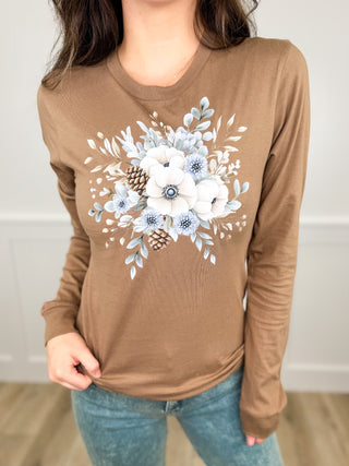 Winter Florals Cotton Long Sleeve Avery Mae Graphic Tee Shirt - 2 colors!
