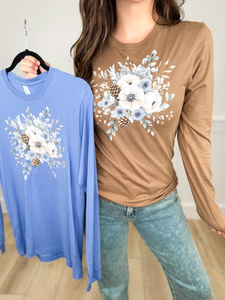Winter Florals Cotton Long Sleeve Avery Mae Graphic Tee Shirt - 2 colors!