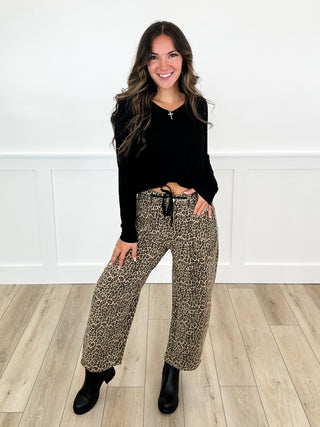 Wandering the World High Rise Cotton Blend Leopard Avery Mae Barrel Jeans
