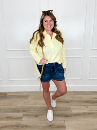 Avery Mae hooded knit long sleeve top, pale yellow front view