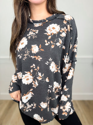 Moonlit Bloom Ribbed Long Sleeve Charcoal Avery Mae Tunic Top