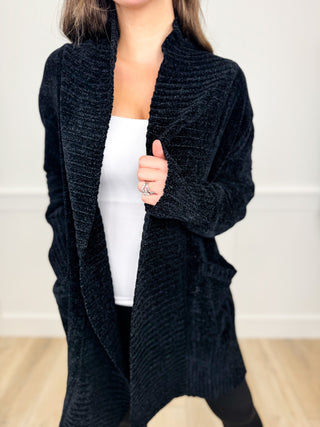 White Birch Elevated Style Velvet Long Sleeve Black Cardigan