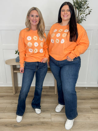 Daisy Chain Cotton Blend Long Sleeve Orange Avery Mae Graphic Crewneck Sweatshirt