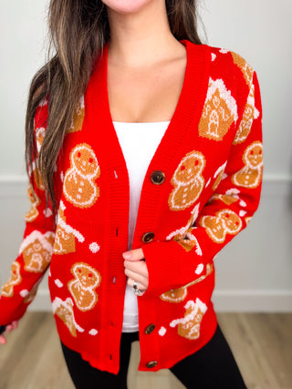Dear Scarlett Christmas Gingerbread Knit Long Sleeve Red Button Up Cardigan