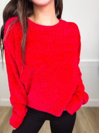 White Birch Fuzzy Dreams Velvet Long Sleeve Red Mom Cropped Sweater Top