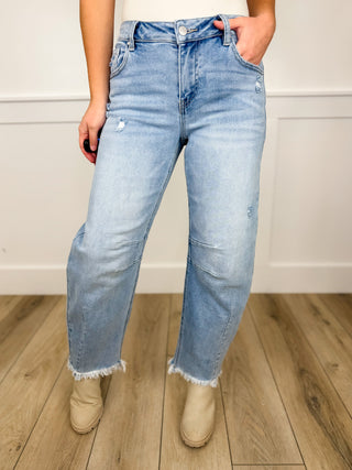 Risen Opal Distressed Mid Rise Fray Hem Barrel Leg Light Wash Cropped Blue Jeans