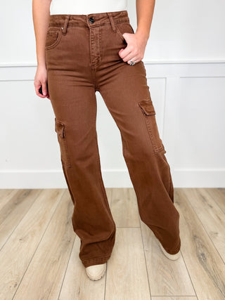 Risen Finley High Rise Wide Leg Cargo Brown Jeans