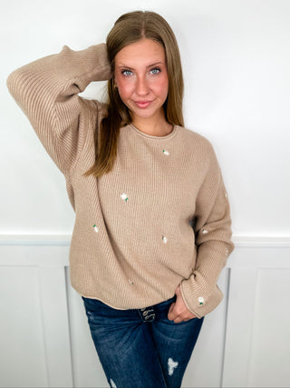 Wishlist Sweet Dainty Daisy Knit Long Sleeve Tan Sweater Top