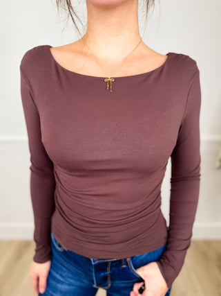 All Day Grace Rayon Blend Long Sleeve Brown Avery Mae Mom Cropped Top