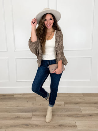 Brown short-sleeve cotton kimono, open-front boho jacket, relaxed fit
