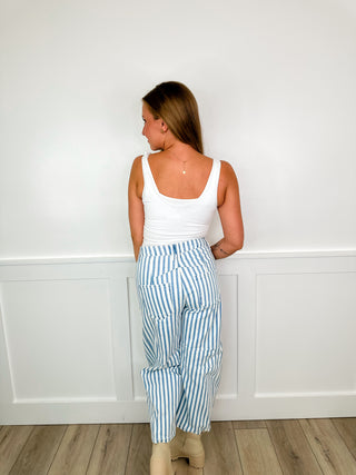 Sarina High-Rise Barrel Leg Striped Avery Mae Jeans - White (Non-Distressed)