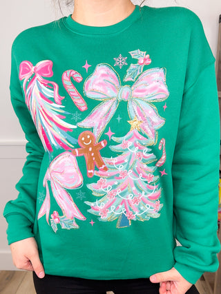 Cozy Christmas Cutie Cotton Blend Long Sleeve Green Avery Mae Graphic Crewneck Sweatshirt