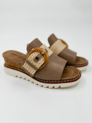 Just Believe Faux Leather Taupe Wedges