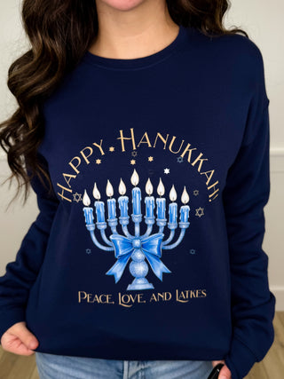 Peace Love & Latkes Cotton Blend Long Sleeve Navy Avery Mae Graphic Crewneck Sweatshirt