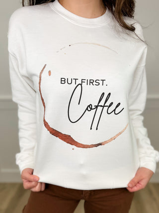 But First Coffee Cotton Blend Long Sleeve White Avery Mae Graphic Crewneck Sweatshirt