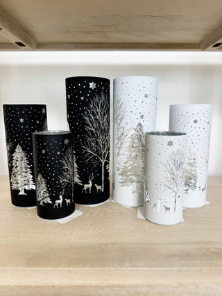 LED glass cylinder decor with tree and star prints, black and white set